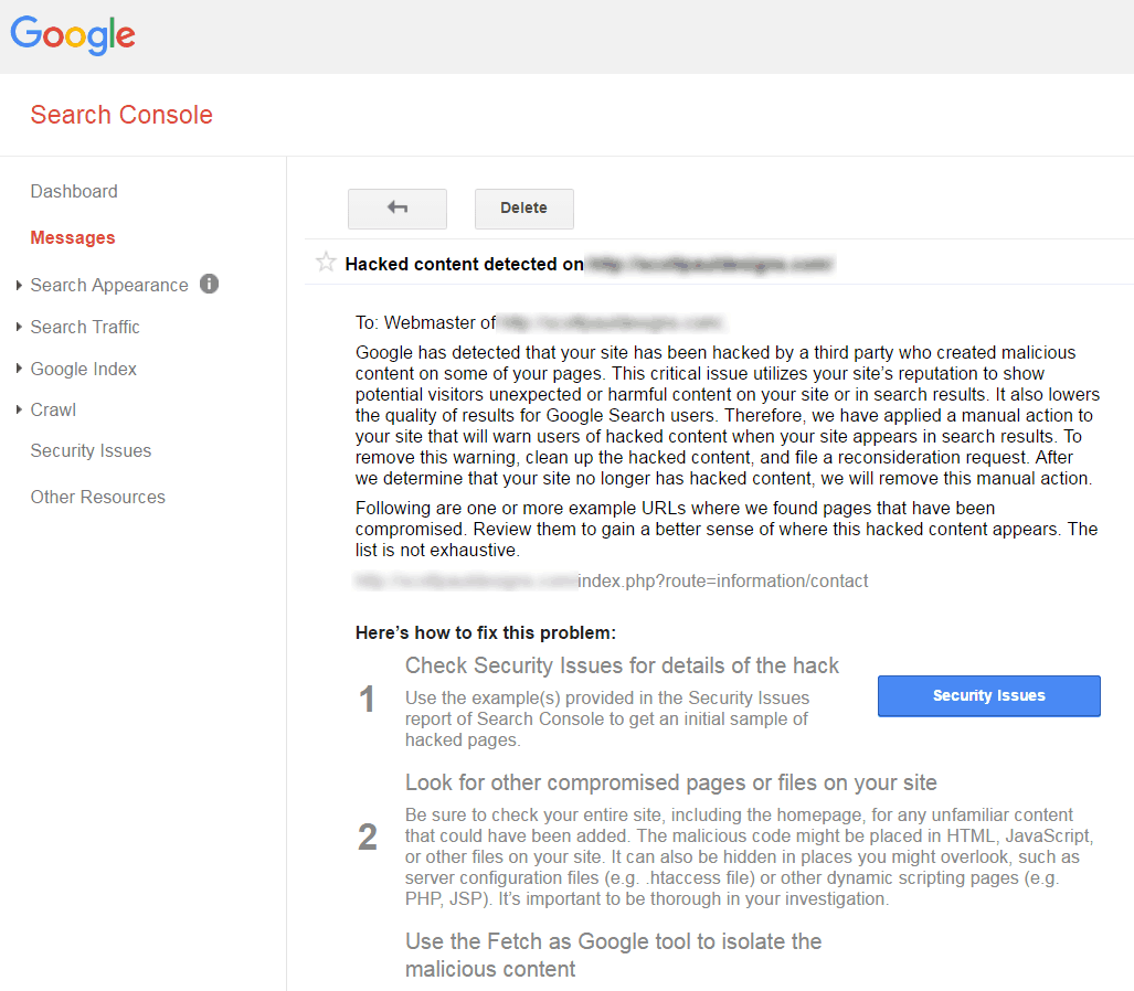 Google Search Console Message for Hacked Content