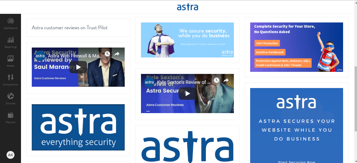 Assets on Astra Affiliate Dashboard