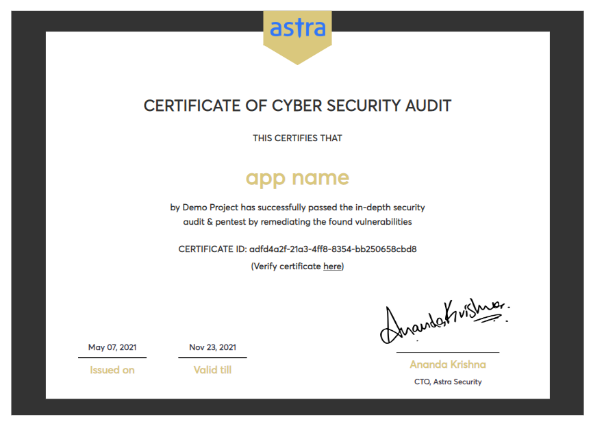 Astra VAPT certificate