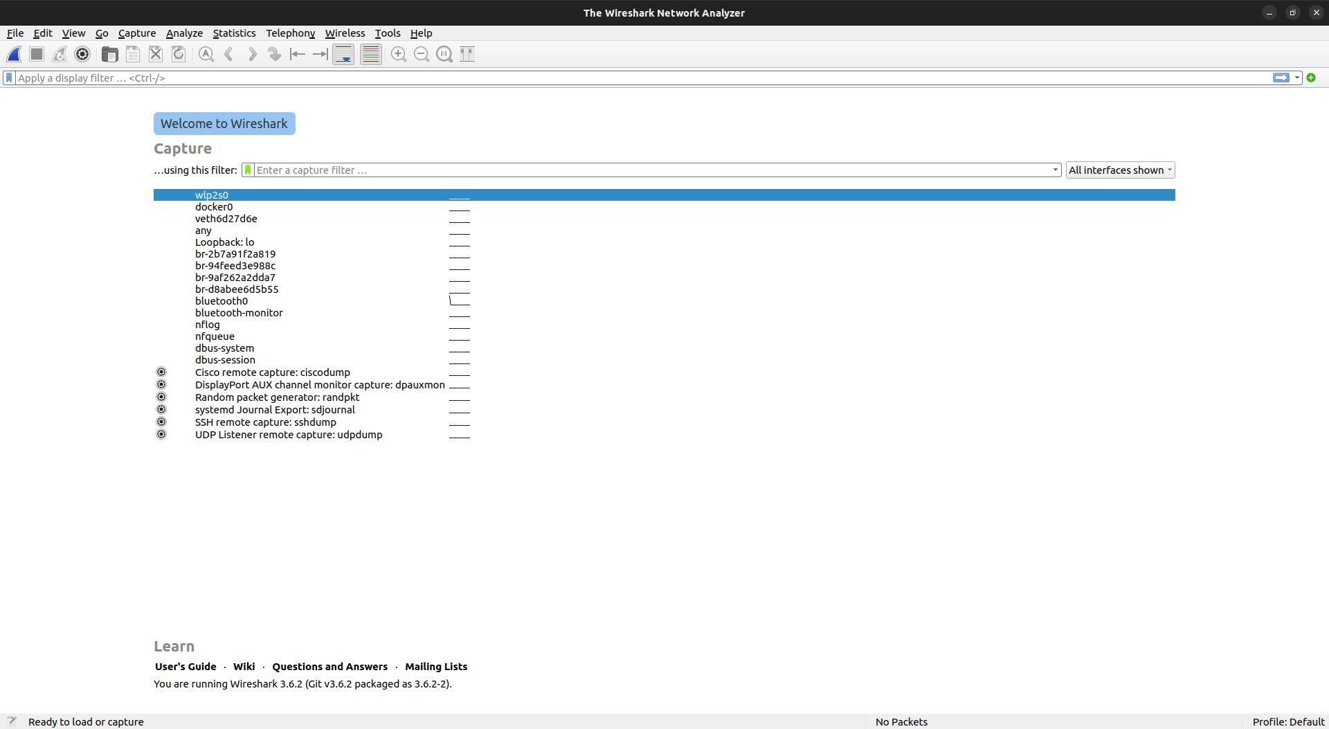 Wireshark dashboard - internal penetration testing tool for security analysts