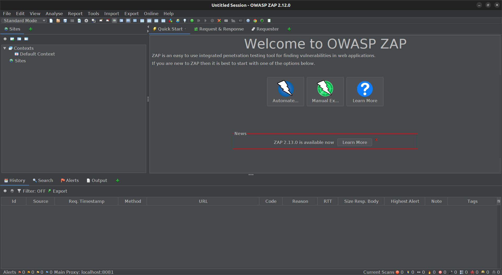 ZAP VAPT open source tool dashboard