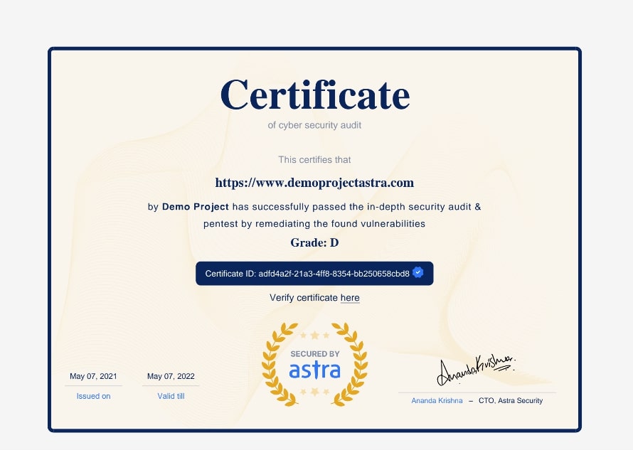 Astra certificate